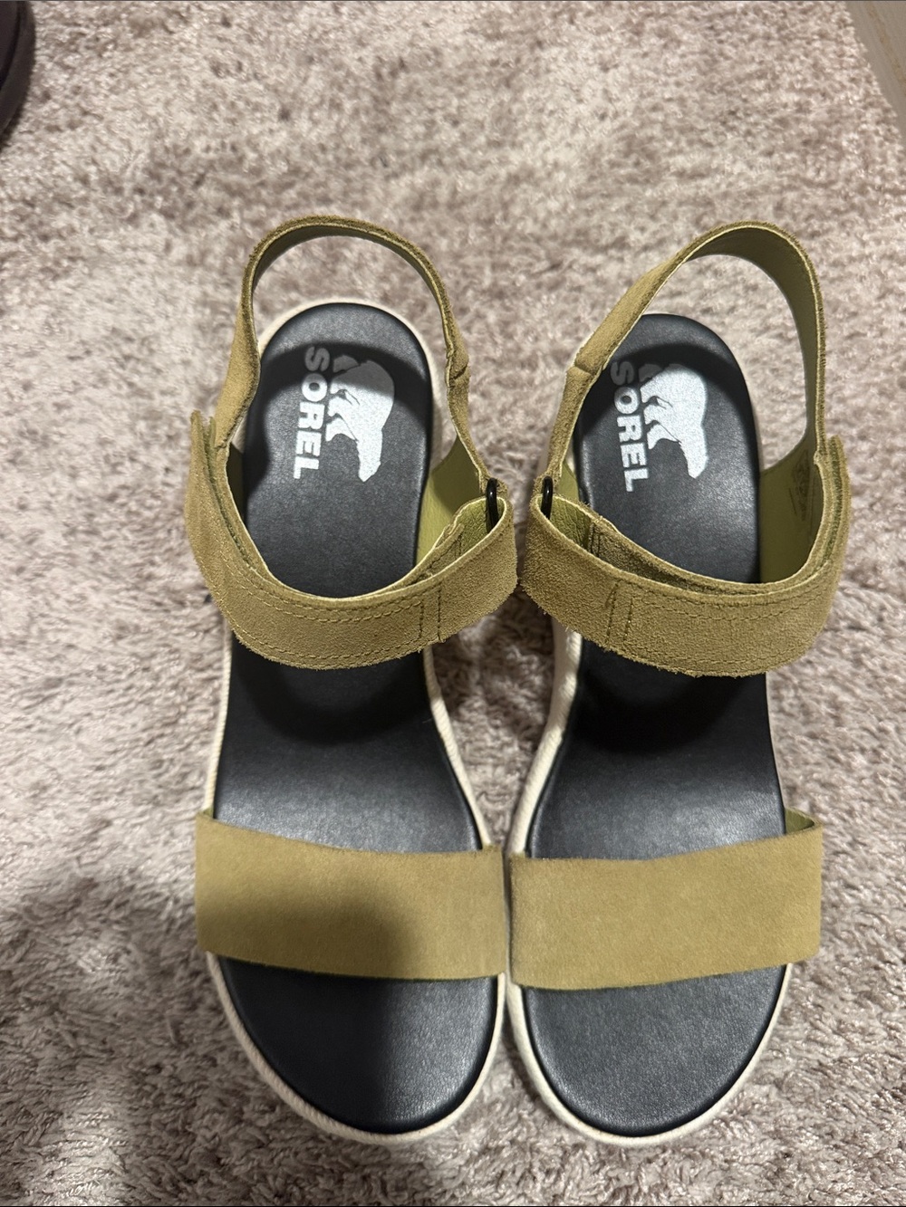 Sorel Olive Green Slingback Sandals with Black Footbed